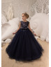 Beaded Navy Blue And Blush Lace Tulle V Back Flower Girl Dress
